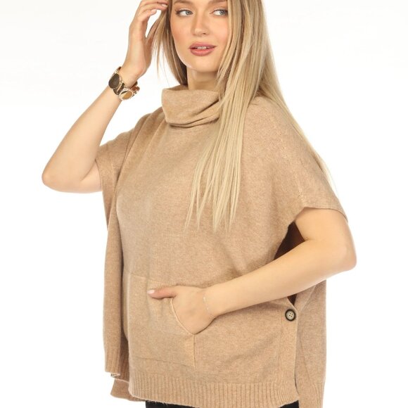 Taupe mock neck pockets cape Sweater - Picture 3 of 6